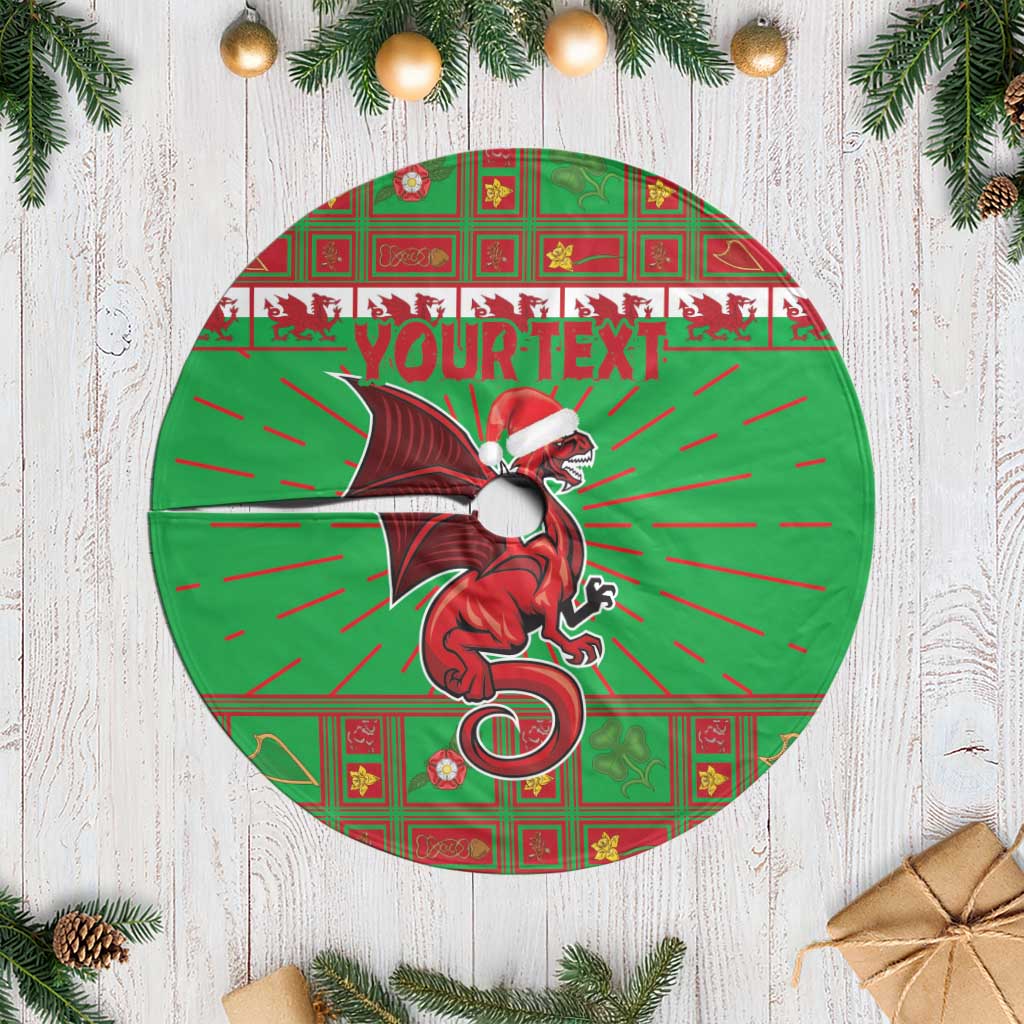 Green round tree skirt with white fringe and “YOURTEXT” red dragon mascot center