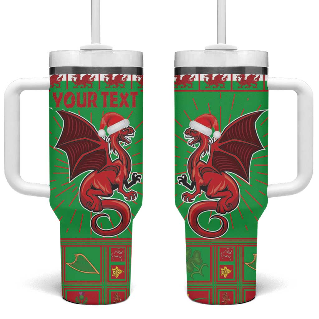 Green holiday tumbler with handle and straw, Welsh dragon mascot, personalized “Your Text” design.
