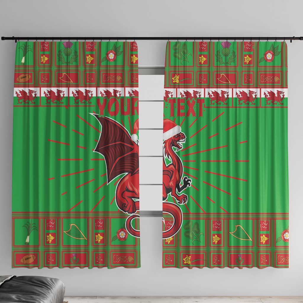 Green window curtain panels with Welsh dragon mascot and festive red pattern border
