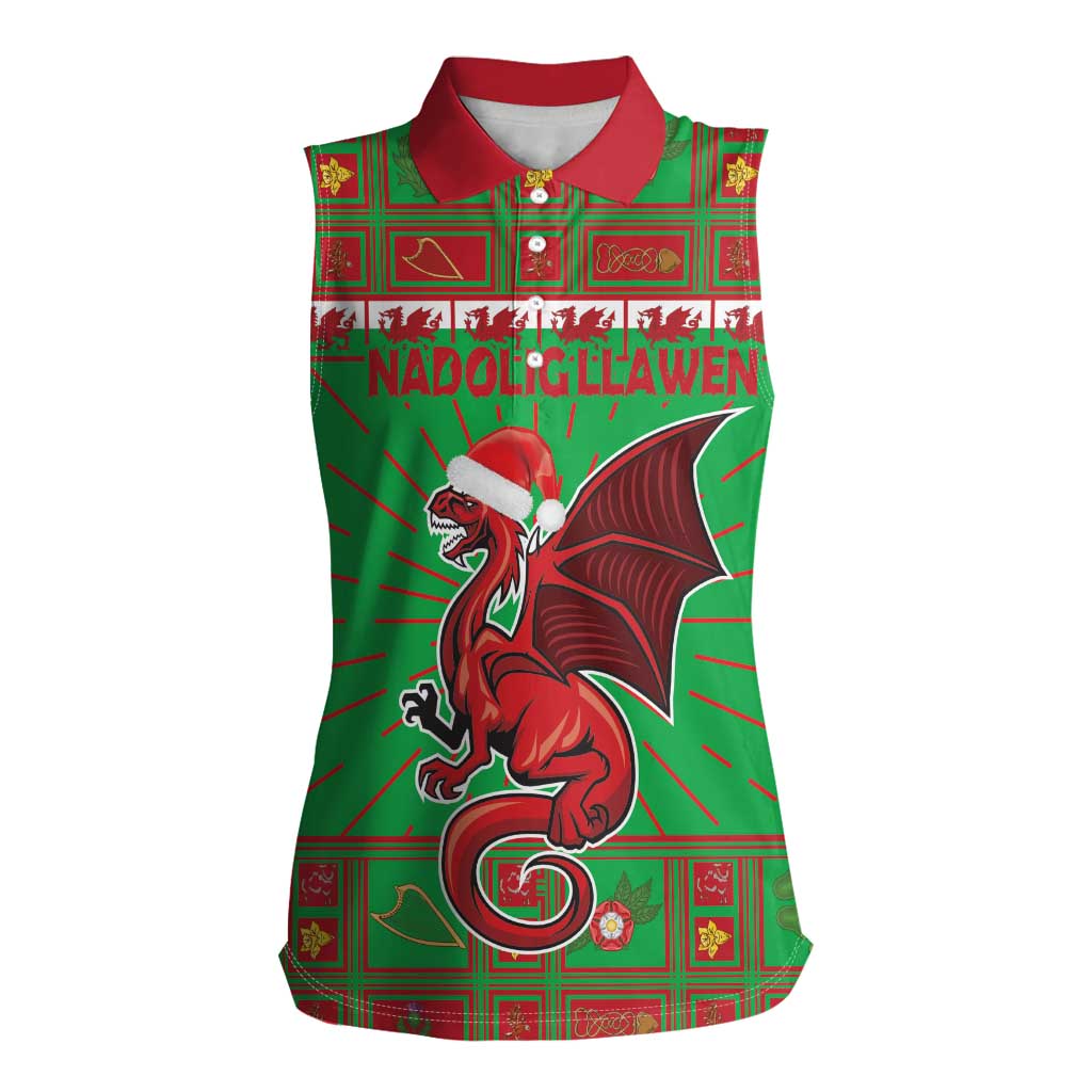 Personalized Wales Nadolig Llawen Women Sleeveless Polo Shirt Welsh Dragon Mascot - Merry Xmas