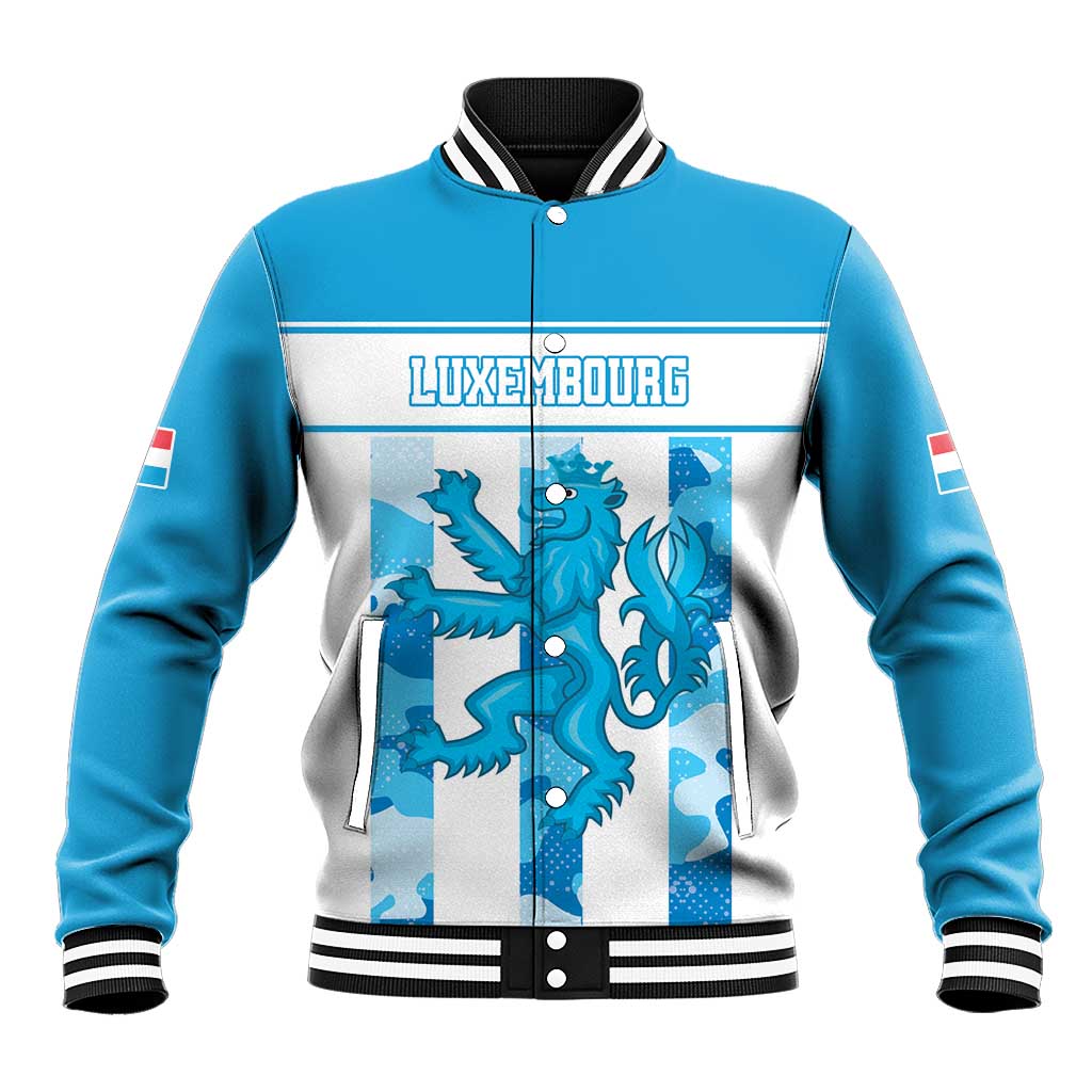 Blue baseball jacket with ribbed collar, striped cuffs, Luxembourg front graphic, snap buttons