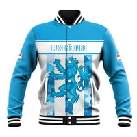 Blue baseball jacket with ribbed collar, striped cuffs, Luxembourg front graphic, snap buttons