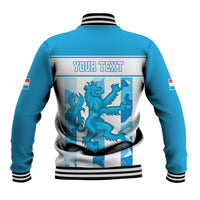 Blue baseball jacket with ribbed collar, striped cuffs, back 'YOUR TEXT' graphic, snap buttons