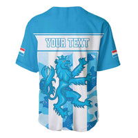 Blue baseball jersey with V-neck buttons, back lion graphic and YOUR TEXT