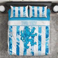 Blue and white striped bedding set with custom "YOUR TEXT" and blue dragon graphic