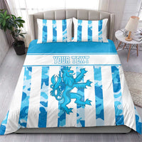 Blue and white striped duvet set with custom "YOUR TEXT" and blue dragon graphic