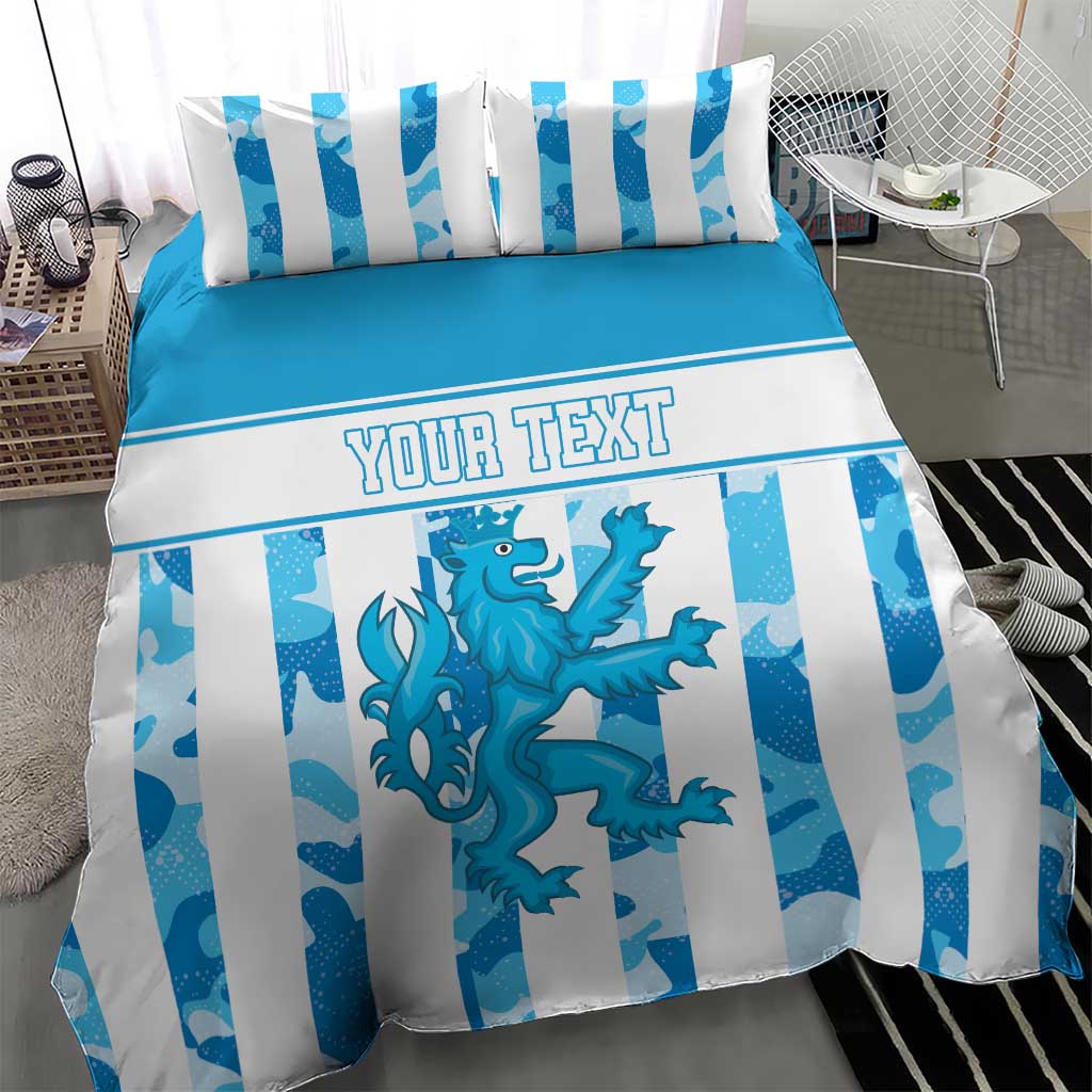 Blue and white striped duvet cover with custom "YOUR TEXT" and blue dragon artwork