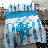 Blue and white striped duvet cover with custom "YOUR TEXT" and blue dragon artwork