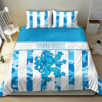 Blue and white striped bedding set with custom "YOUR TEXT" band and blue dragon graphic