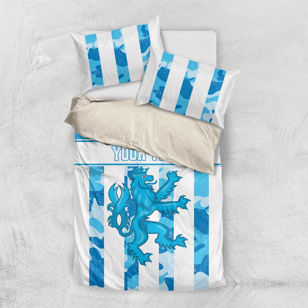 Blue and white striped bedding set with custom "YOUR TEXT" and blue dragon motif