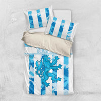Blue and white striped bedding set with custom "YOUR TEXT" and blue dragon motif