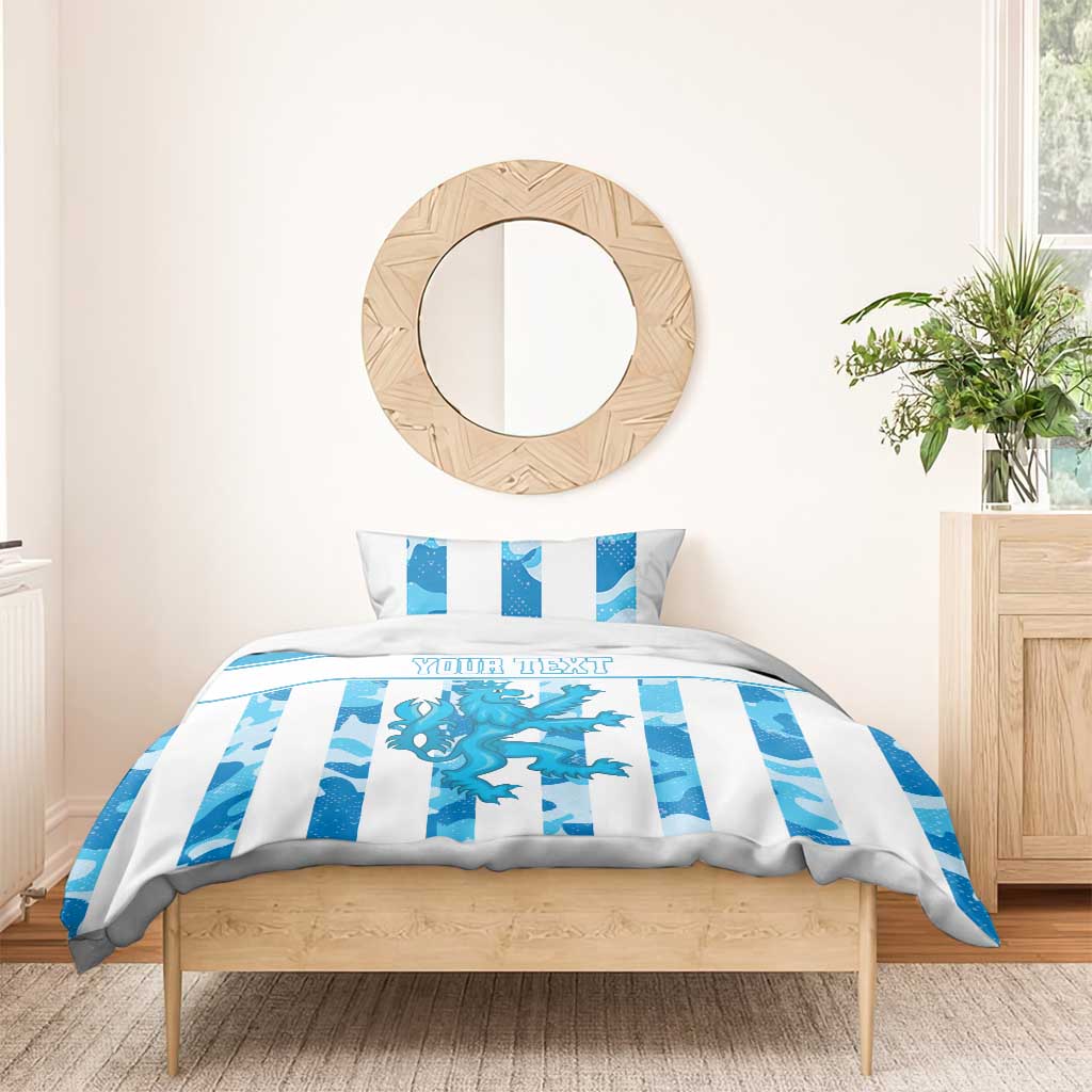 Blue and white striped duvet set with custom "YOUR TEXT" and blue dragon design