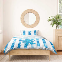Blue and white striped duvet set with custom "YOUR TEXT" and blue dragon design