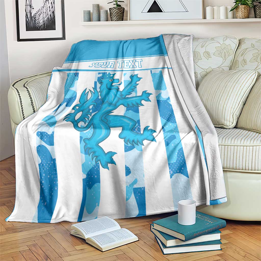 Personalized Luxembourg blanket, blue and white striped crest design with “YOUR TEXT”