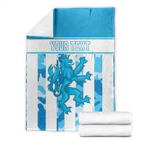 Personalized Luxembourg blanket folded and stacked, blue top, white crest stripes, “YOUR TEXT”