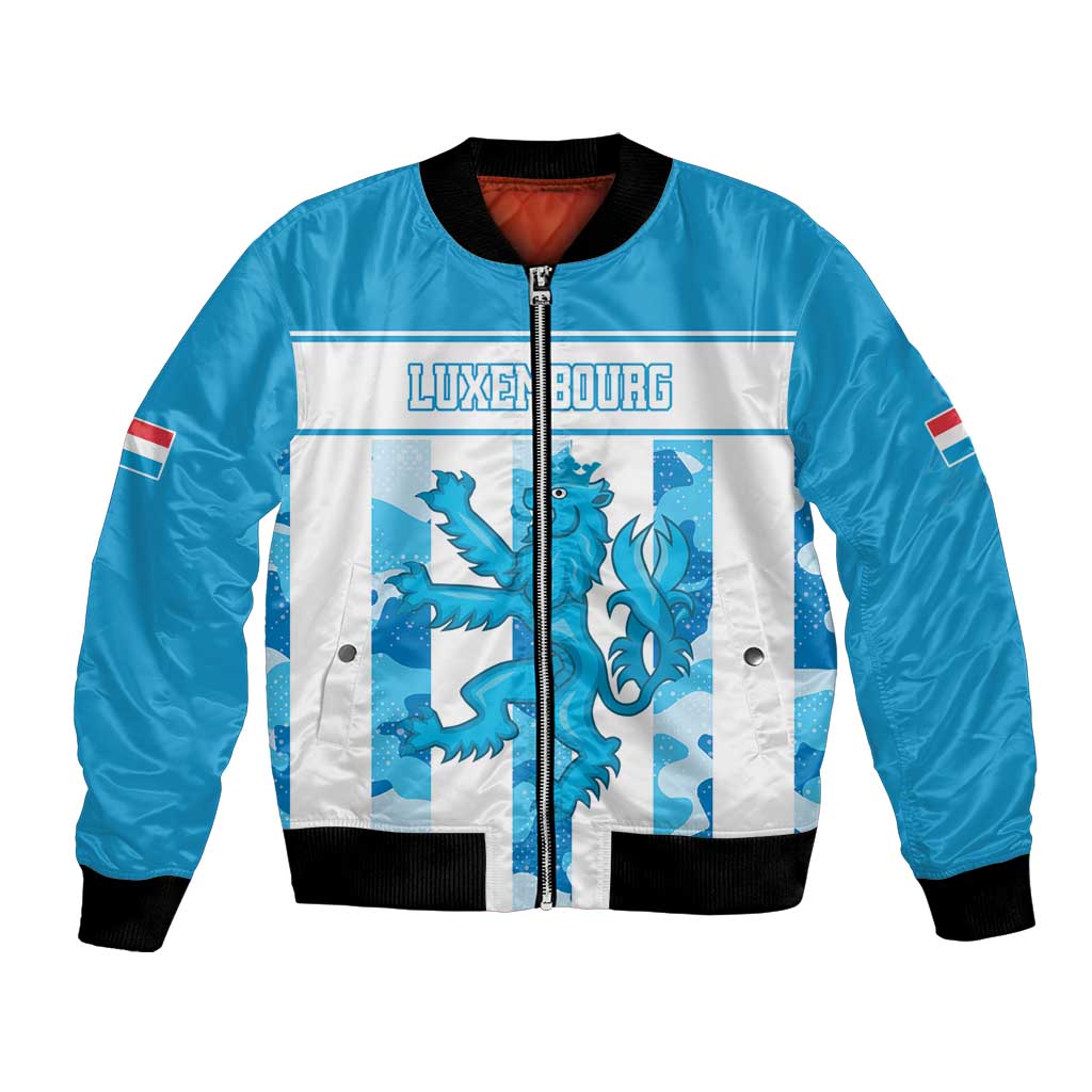 Blue bomber jacket, black ribbed collar and cuffs, front zipper; Luxembourg graphic panels