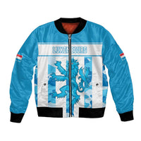 Blue bomber jacket, black ribbed collar and cuffs, front zipper; Luxembourg graphic panels