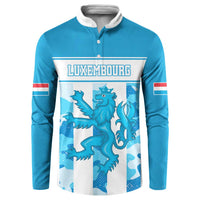 Blue button sweatshirt with front graphic panel and striped sleeve accents