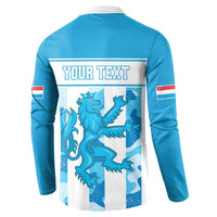Blue button sweatshirt with "YOUR TEXT" and crest graphic on the back