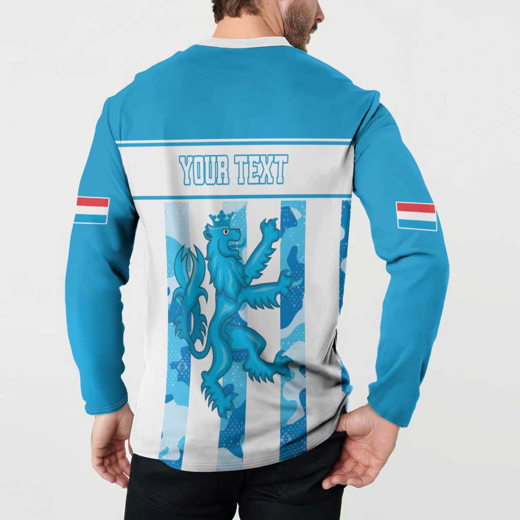 Blue button sweatshirt with "YOUR TEXT" back graphic and striped sleeve bands