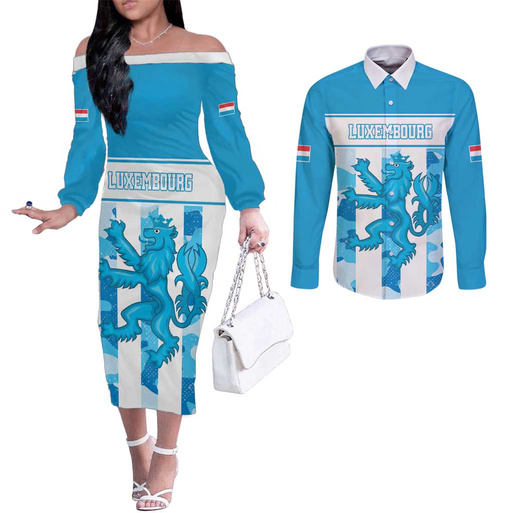 Personalized Luxembourg Couples Matching Off The Shoulder Long Sleeve Dress and Long Sleeve Button Shirt Roude Leiw Grunge Style