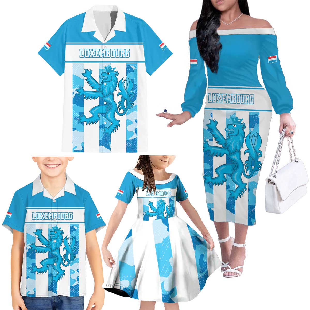 Personalized Luxembourg Family Matching Off The Shoulder Long Sleeve Dress and Hawaiian Shirt Roude Leiw Grunge Style - Wonder Print Shop