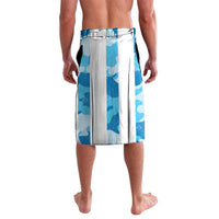 Blue and white graphic wrap sarong skirt with striped panel, knee length