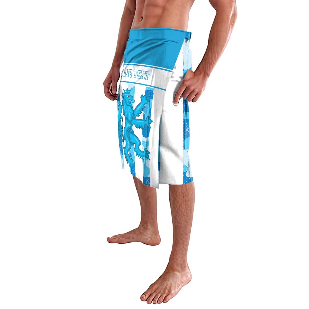 Blue and white graphic wrap sarong skirt with custom text, draped side view