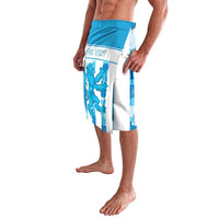 Blue and white graphic wrap sarong skirt with custom text, draped side view