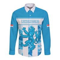 Blue long-sleeve button shirt, pointed white collar, front Luxembourg dragon print