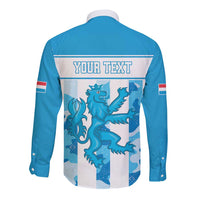 Blue long-sleeve button shirt with back dragon graphic and 'YOUR TEXT' banner