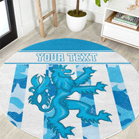 Round blue dragon rug with 'YOUR TEXT' custom banner