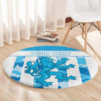 Round blue dragon rug with 'YOUR TEXT' custom text band and teal graphic