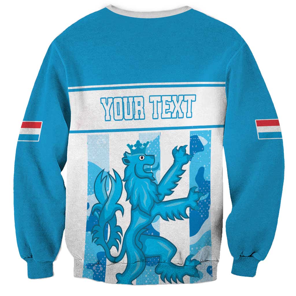 Blue crewneck sweatshirt with back graphic and striped sleeve accents, YOUR TEXT