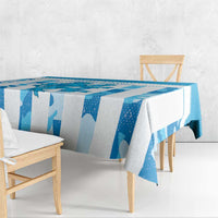 Blue grunge tablecloth with striped blocks, draped across table edges