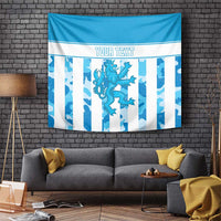 Blue and white striped tapestry with centered blue lion/dragon graphic and 'YOUR TEXT'