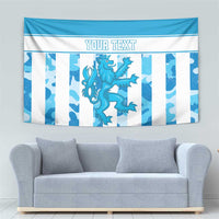 Blue and white striped tapestry with 'YOUR TEXT' and a central blue lion/dragon design