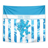 Close-up blue and white striped tapestry with blue lion/dragon graphic and 'YOUR TEXT'