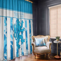 Blue and white window curtain panel with dragon graphics and custom text, hanging on rod