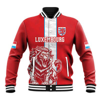 Red baseball jacket with snap buttons, striped rib collar, Luxembourg lion graphic