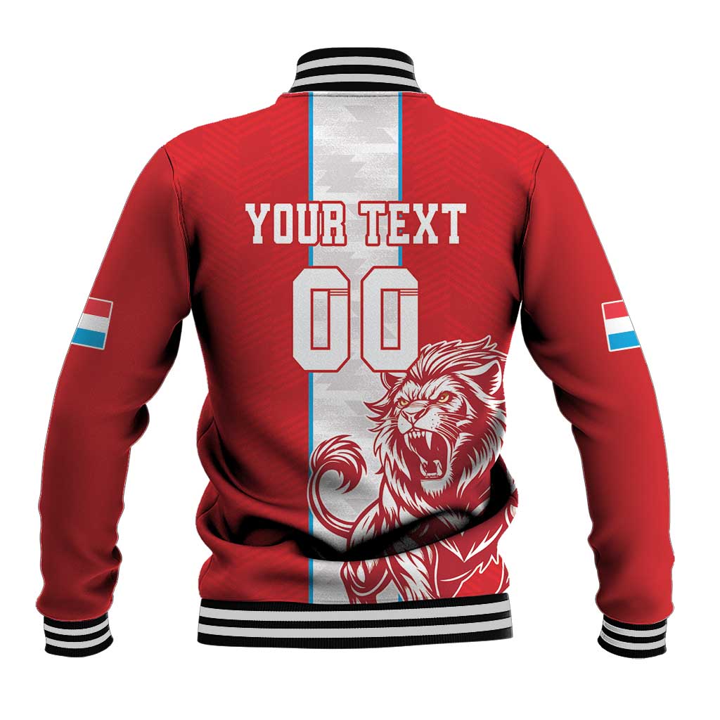 Red baseball jacket back with custom text 09, lion graphic, striped rib cuffs