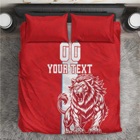 Red football bedding set with duvet and two pillows, lion graphic and 'YOUR TEXT' print