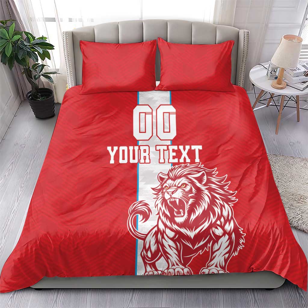 Red football bedding set with duvet and two pillows, lion mascot and 'YOUR TEXT' design