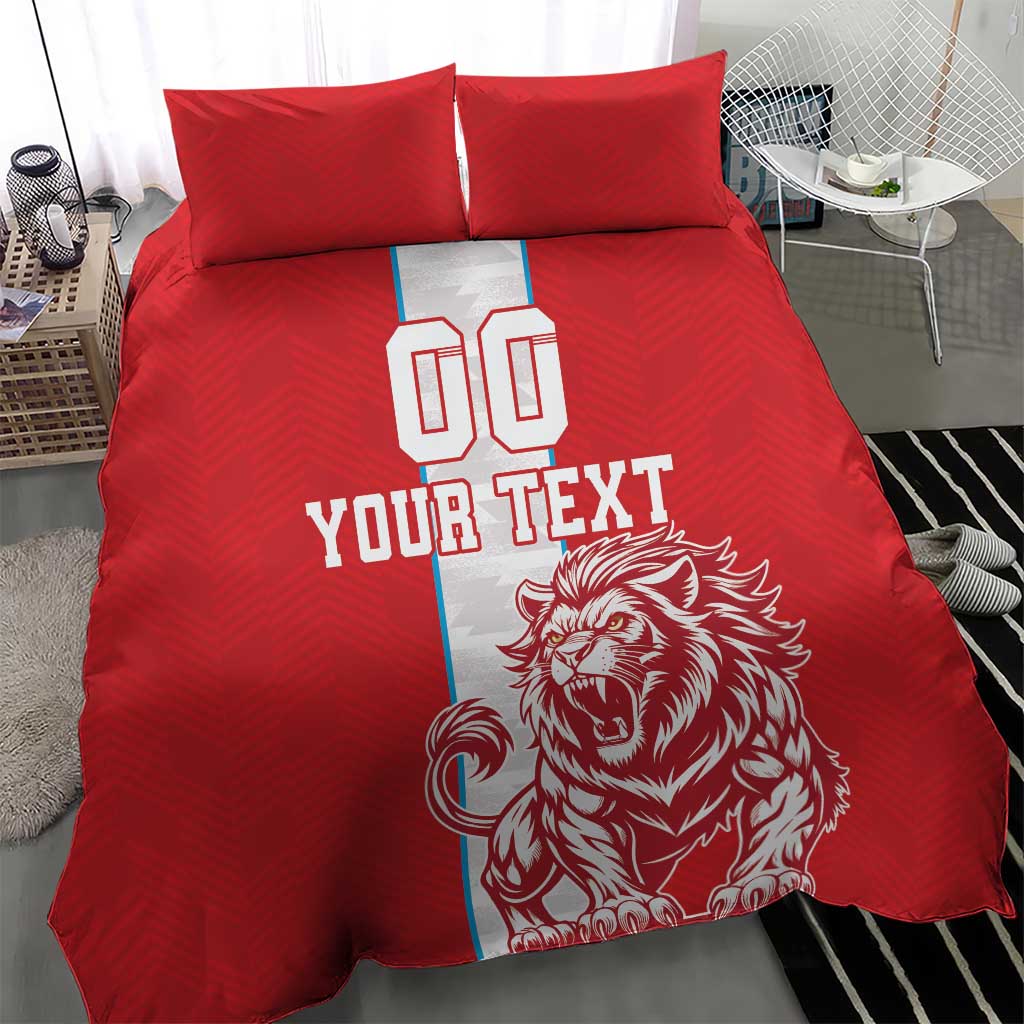 Red football bedding set with duvet and two pillows, lion mascot with 'YOUR TEXT' design