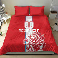 Red football bedding set with duvet and two pillows, lion graphic and 'YOUR TEXT' text panel