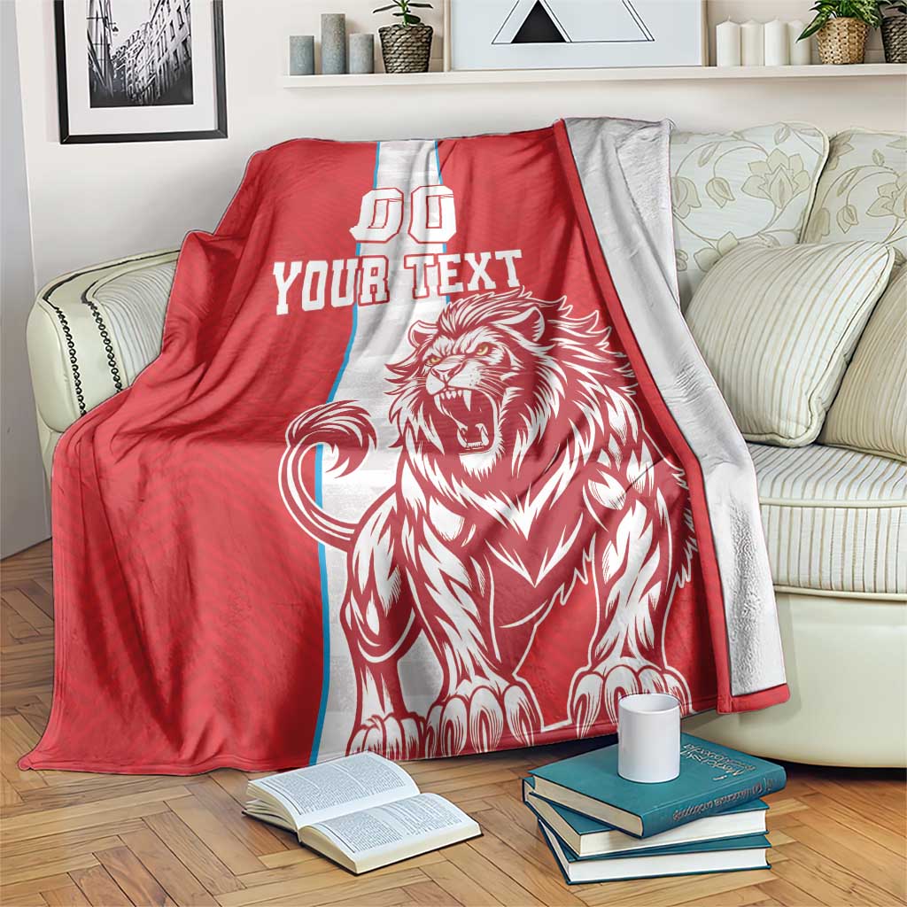 Red football blanket with white center stripe, custom text and roaring lion print