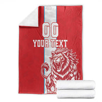 Red blanket with white stripe, YOUR TEXT lion graphic, folded with white backing