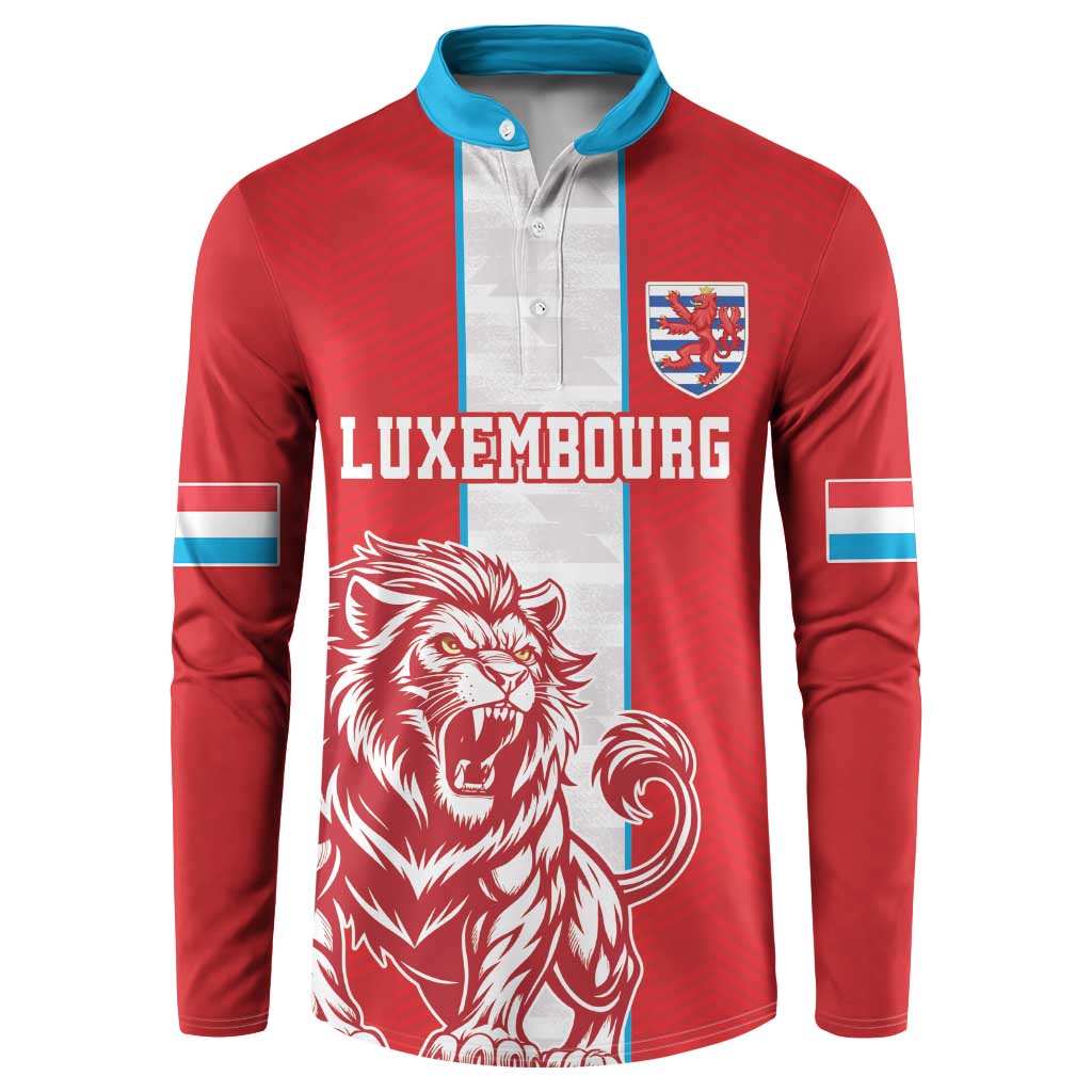 Red football button sweatshirt with blue collar, Luxembourg crest, lion front print