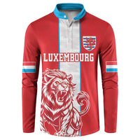 Red football button sweatshirt with blue collar, Luxembourg crest, lion front print