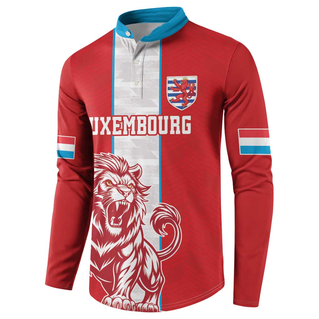 Red football button sweatshirt with blue collar, crest and lion front on panel graphic